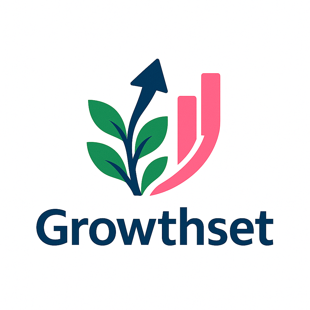 Growthset: green leaves and pink growth lines surrounding a blue upward arrow